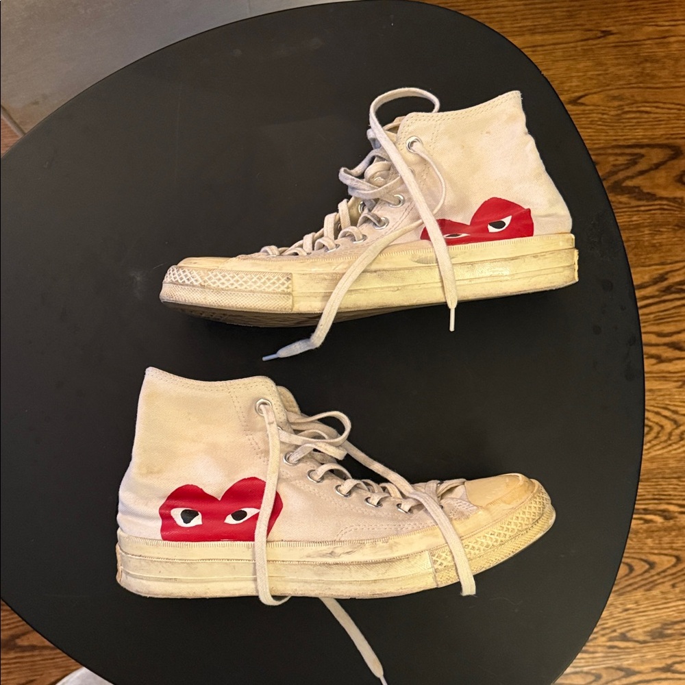 Comme des Garcons PLAY Cream and Red High-Top Sneakers